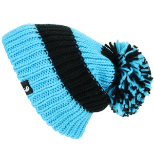Chunky Acrylic Knit Beanie Hat with a MASSIVE Bobble - Blue & Black