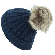 Cable Knit Beanie Hat with Faux Fur Bobble - Navy
