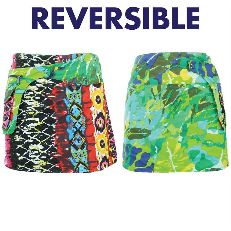 Reversible Popper Wrap Mini Skirt - Psychedelic Snakeskin / Camo Leaf