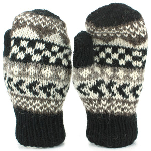 Chunky Wool Knit Mittens - Chevron - Black