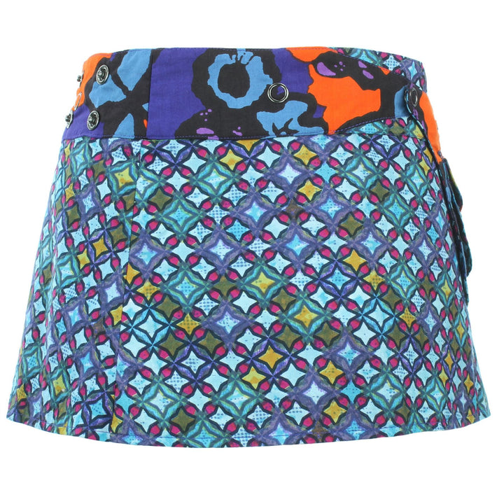Reversible Popper Wrap Children's Size Mini Skirt - Diamond Block / Ikat Floral