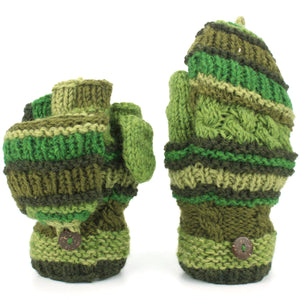Chunky Wool Fingerless Shooter Gloves - Striped Mixed Knits - Green