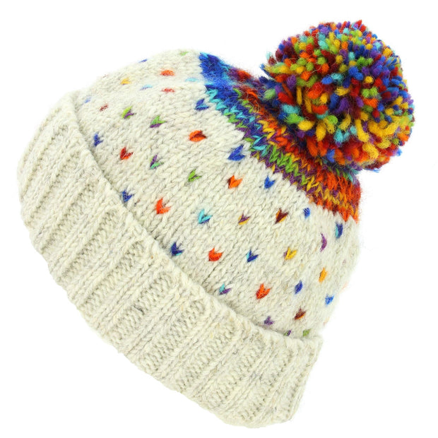 Hand Knitted Wool Beanie Bobble Hat - Tik Tik Cream