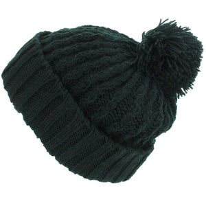 Cable Knit Bobble Beanie Hat - Black