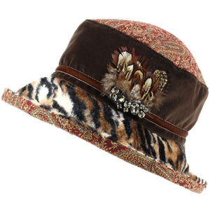 Cloche hat i blandet stof til kvinder med kant med tigerprint