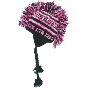 Chapeau de bonnet à oreillettes mohawk 'punk' en tricot de laine - noir et rose sd