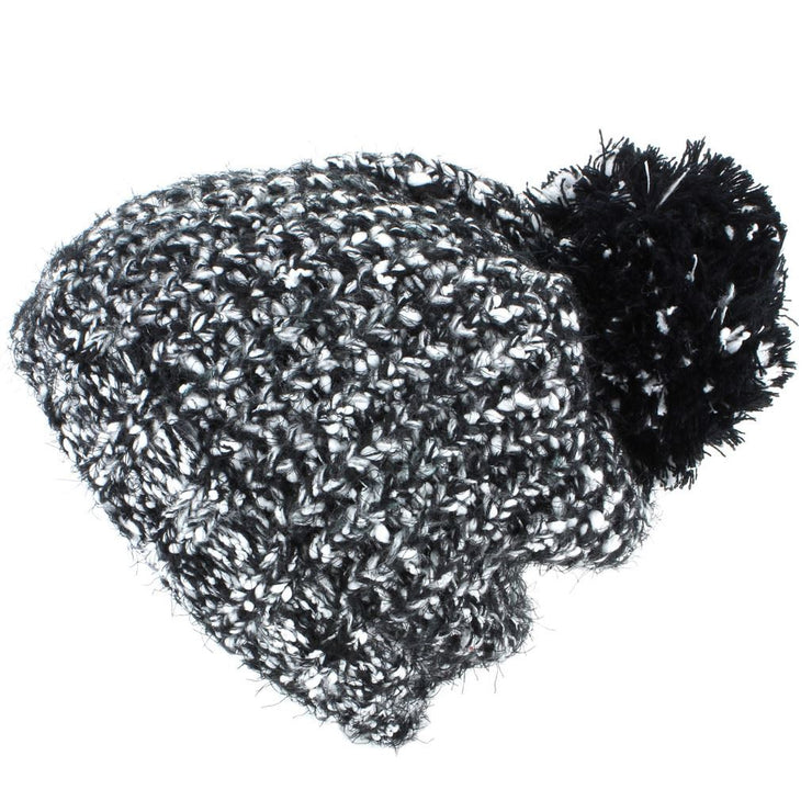Mixed Yarn Chunky Slouch Beanie Bobble Hat with Super Soft Fleece Lining - Black