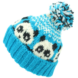 Wool Knit Bobble Beanie Hat - Panda - Blue White