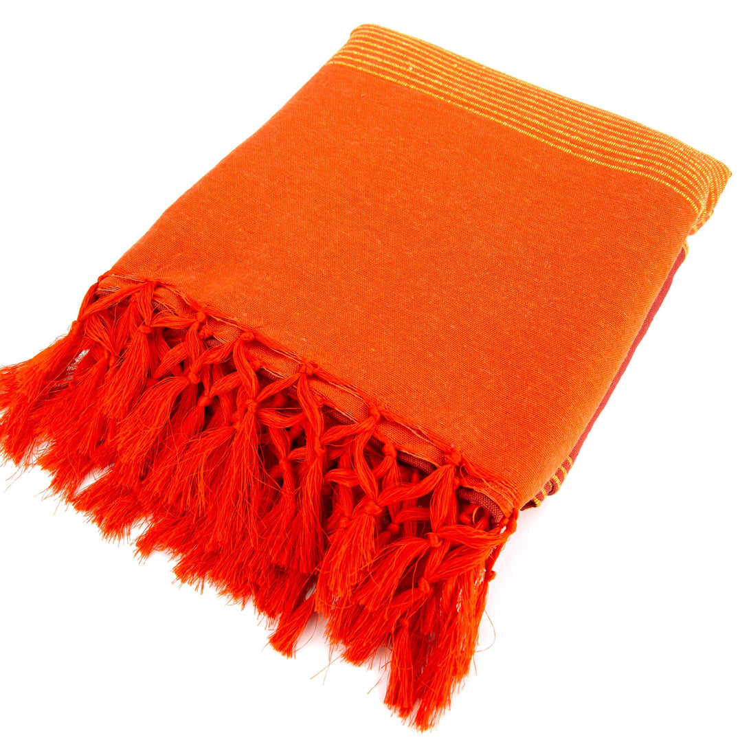 Striped Cotton Blanket With Tassel Edging - Carrot Orange Red