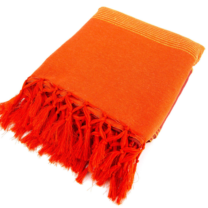 Striped Cotton Blanket With Tassel Edging - Carrot Orange Red