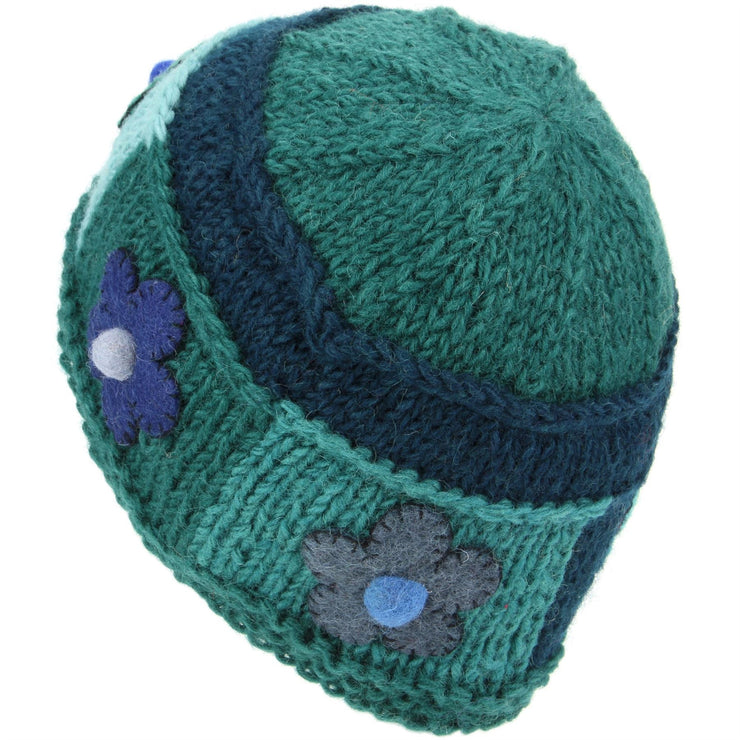 Ladies Wool Knit Beanie Hat with Flower Patch Design - Green