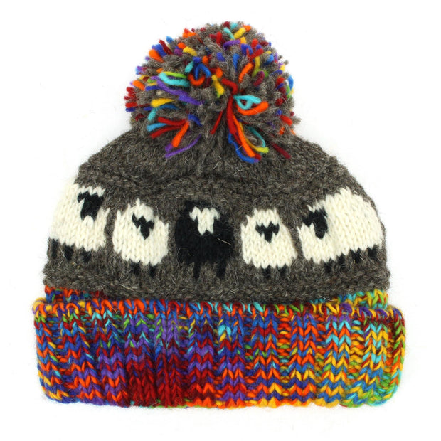Wool Knit Bobble Beanie Hat - Sheep - Grey Rainbow