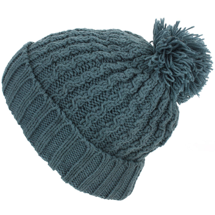 Cable Knit Bobble Beanie Hat - Green