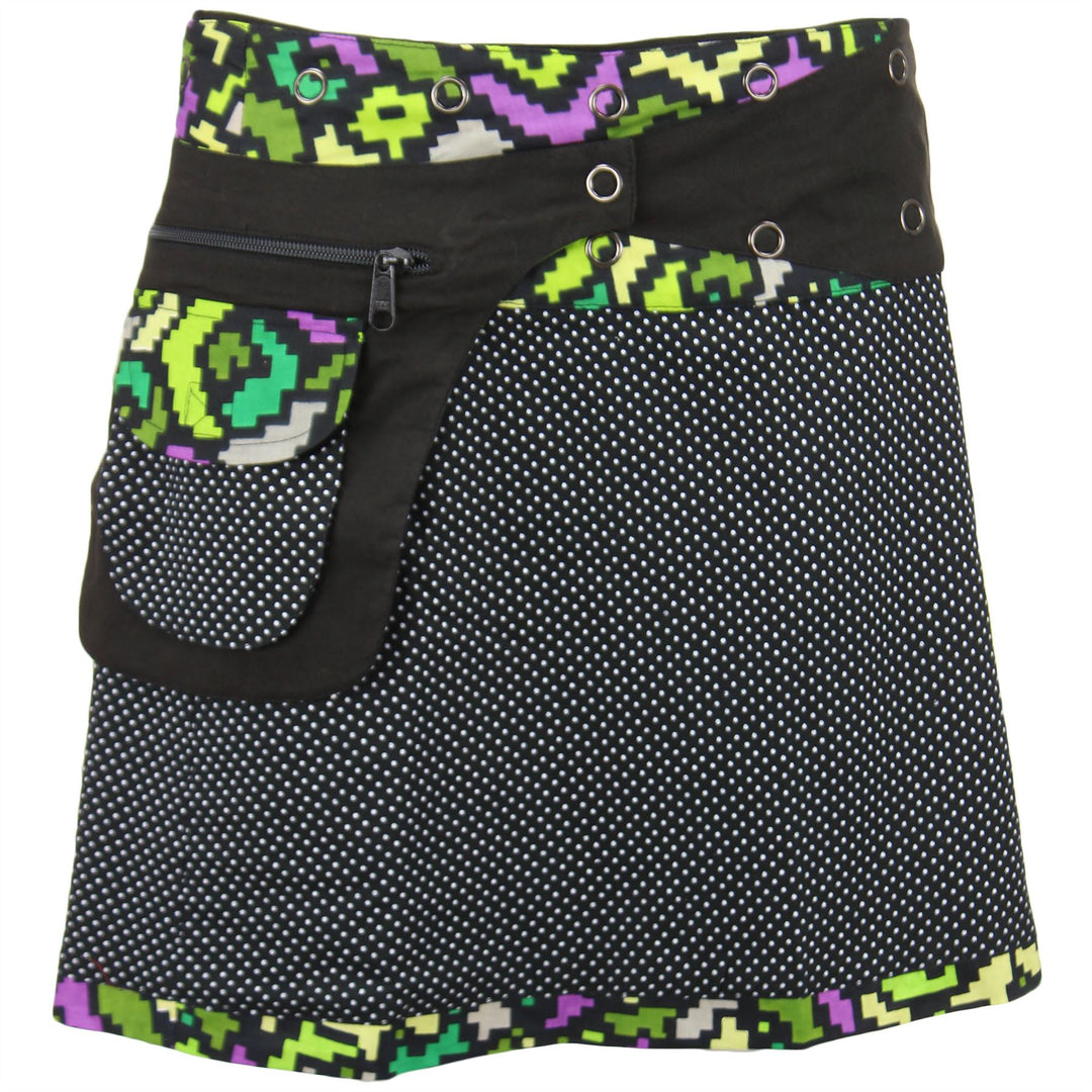 Reversible Short Mini Popper Wrap Skirt with Detachable Pocket - Pixellated Space Flower