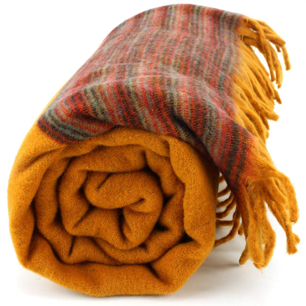 Tibetan Wool Blend Shawl Blanket - Mustard with Red & Grey Reverse