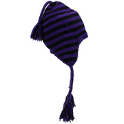 Wool Knit Earflap Tassel Hat - Stripe Purple Black