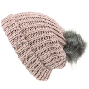 Chunky Knit Beanie Hat with Faux Fur Bobble - Pink