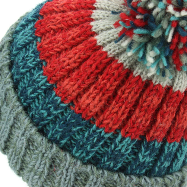 Wool Knit Bobble Beanie Hat - Red Blue