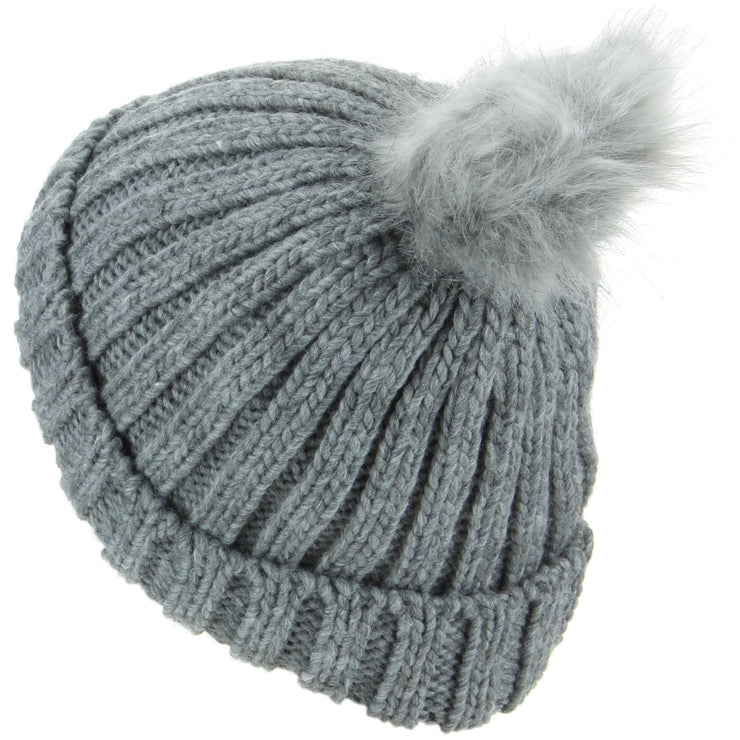 Chunky Knit Beanie Hat with Faux Fur Bobble - Grey