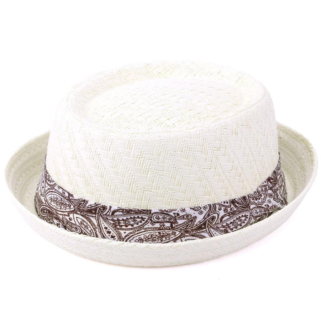 Straw Porkpie Hat with a Paisley Band - Off white