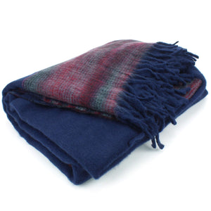 Tibetan Wool Blend Shawl Blanket - Navy with Maroon Reverse