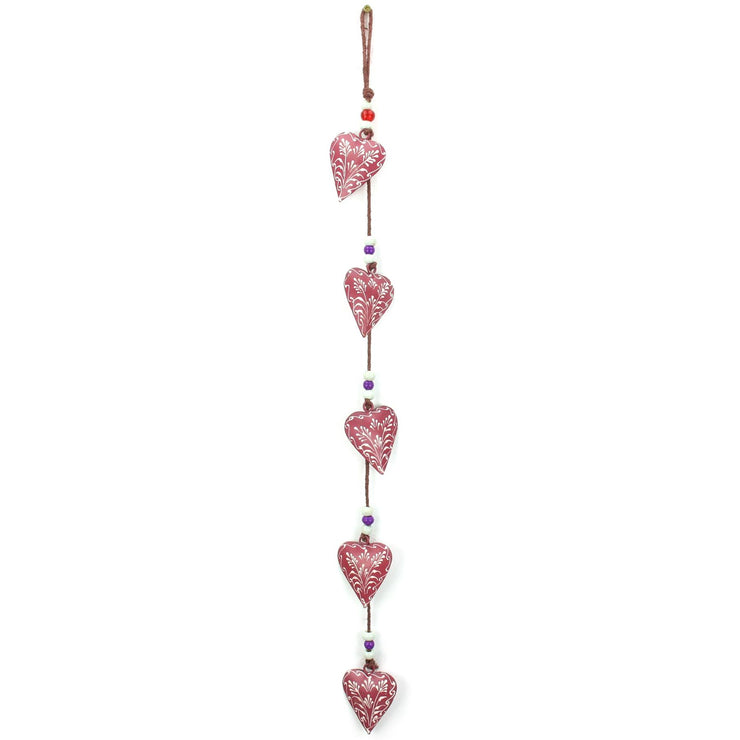 Hanging Mobile Decoration String of Hearts - Pink - Brown String