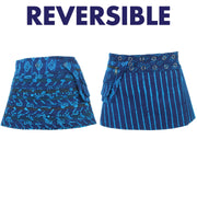 Reversible Popper Wrap Children's Size Mini Skirt - Indigo Patch Strips / Indigo Stripe