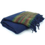 Tibetan Wool Blend Shawl Blanket - Navy with Green & Red Reverse