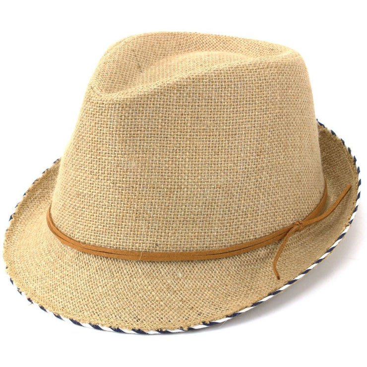 Hessian Cotton Trilby Fedora Hat with Leather Band - Brown