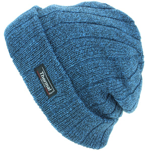 Fein gestrickte melierte Beanie-Mütze mit Thermofutter – Blau