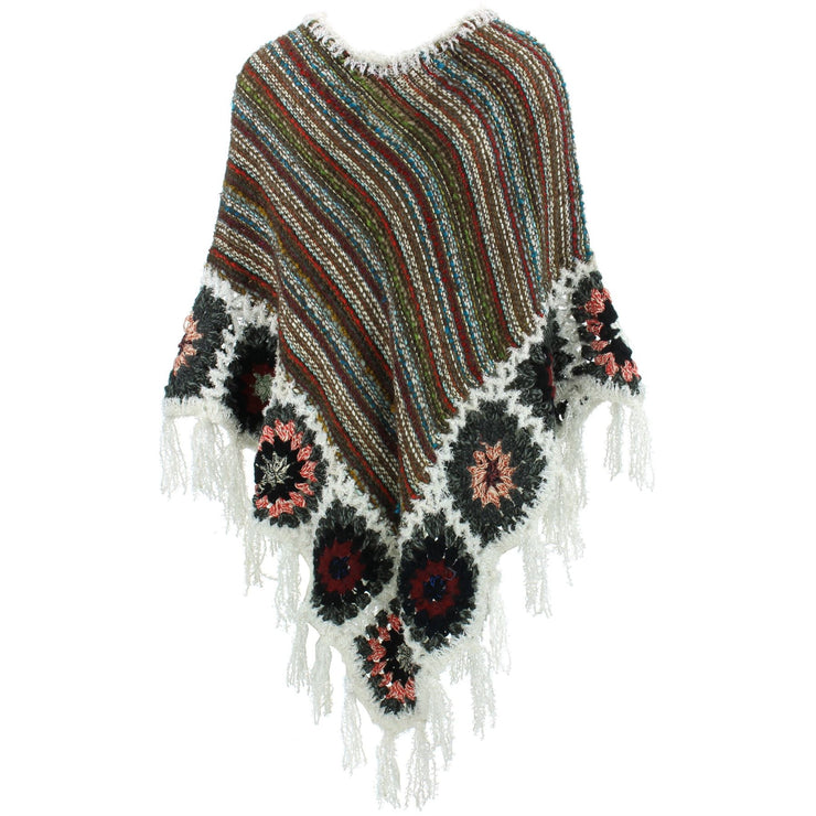 Granny Squares Crochet Poncho Long - Brown Multi/White