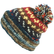 Chunky Wool Knit Abstract Pattern Beanie Bobble Hat - 17 Blue Brown