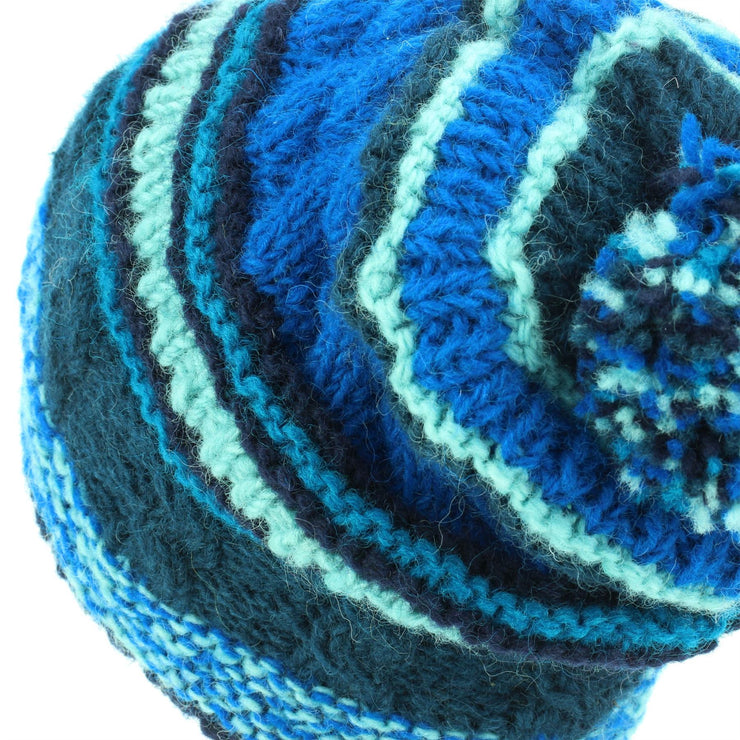 Wool Knit Bobble Beanie Hat - Stripe Blue
