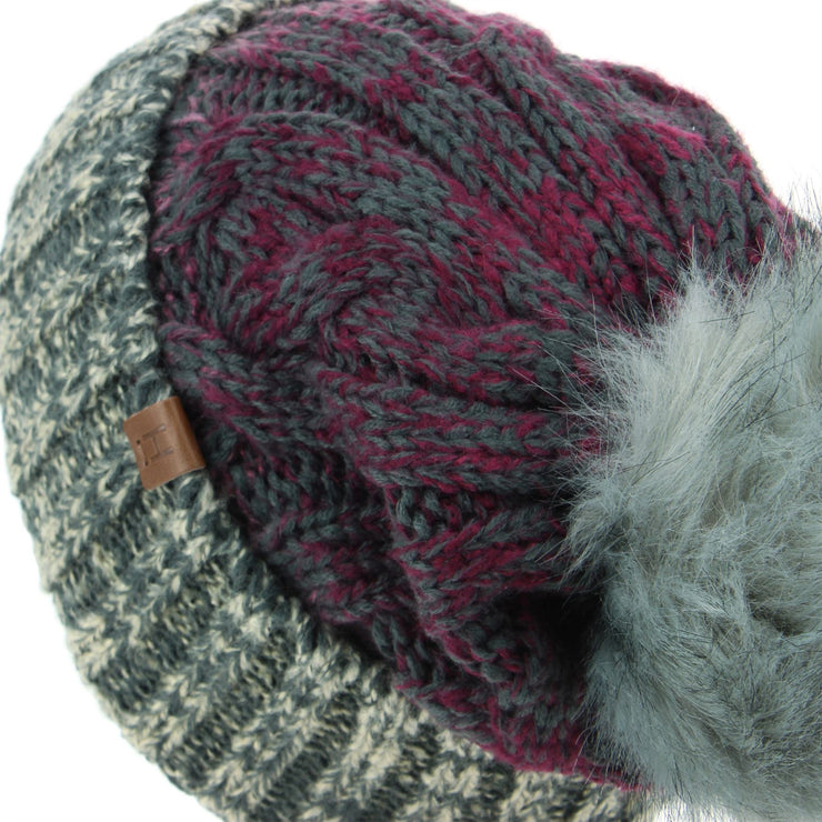 Cable Knit Beanie Hat with Contrast Turn-up and Faux Fur Bobble - Plum Grey