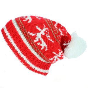 Chunky Slouch Bobble Beanie Hat med rensdyrmønster - rød