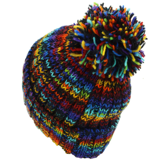 Hand Knitted Wool Beanie Bobble Hat - SD Black Rainbow