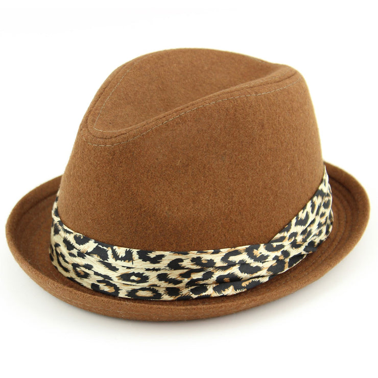 Women's felt rolled brim trilby hat with satin leopard print band - Brown (57cm)