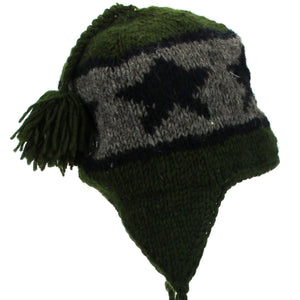 Bonnet à pompon en tricot de laine - vert étoile