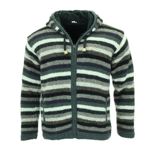Cardigan veste à capuche en laine tricotée à la main - gris rayé