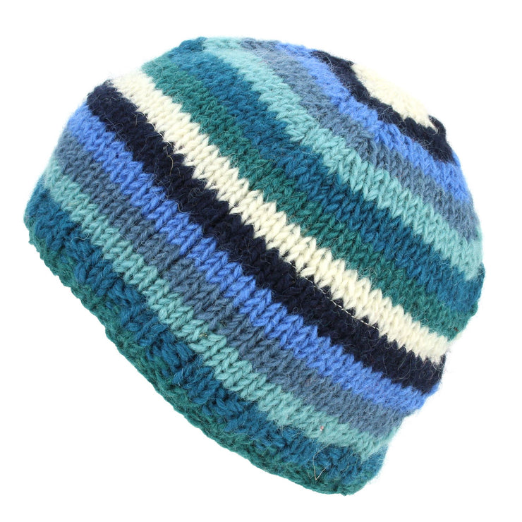 Wool Knit Beanie Hat - Stripe Blue White