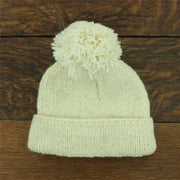 Hand Knitted Wool Beanie Bobble Hat - Plain Cream