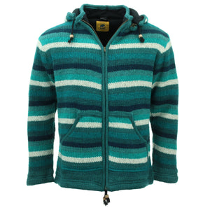Cardigan veste à capuche en laine tricotée à la main - sarcelle à rayures