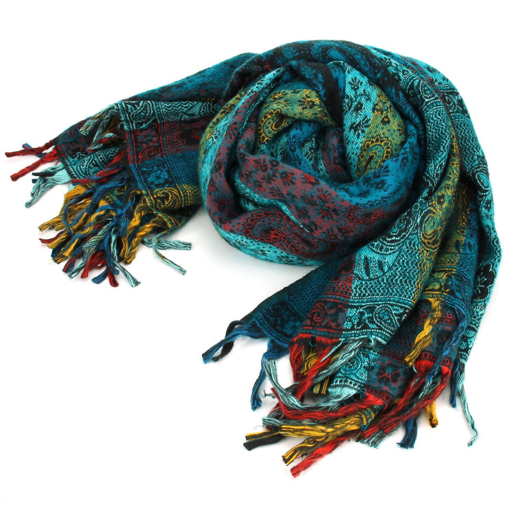 Vegan Wool Shawl Blanket - Paisley Stripe - Turquoise & Yellow