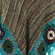 Granny Squares Crochet Poncho Long - Brown Multi/Turquoise