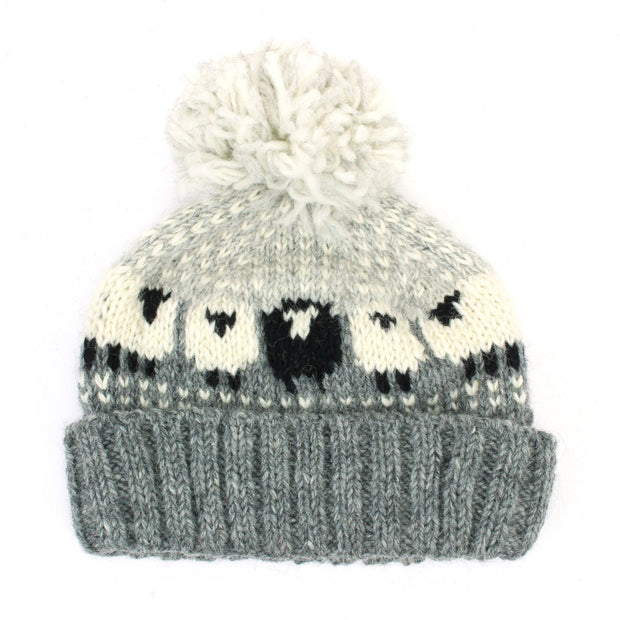 Hand Knitted Wool Beanie Bobble Hat - Sheep - Grey