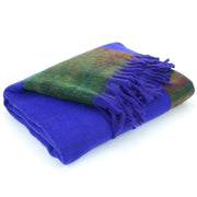 Tibetan Wool Blend Shawl Blanket - Royal Blue with Green & Red Reverse