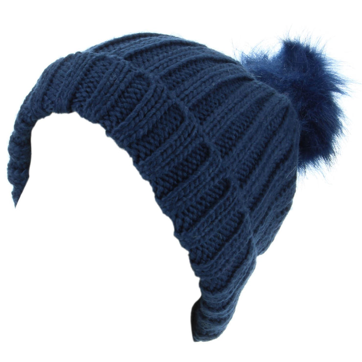 Chunky Knit Beanie Hat with Faux Fur Bobble - Navy