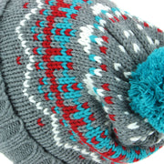 Chunky Knit Fleece Lined Fairisle Bobble Beanie Hat - Grey