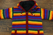 Hand Knitted Wool Hooded Jacket Cardigan - Stripe Rainbow Red Knit Trim