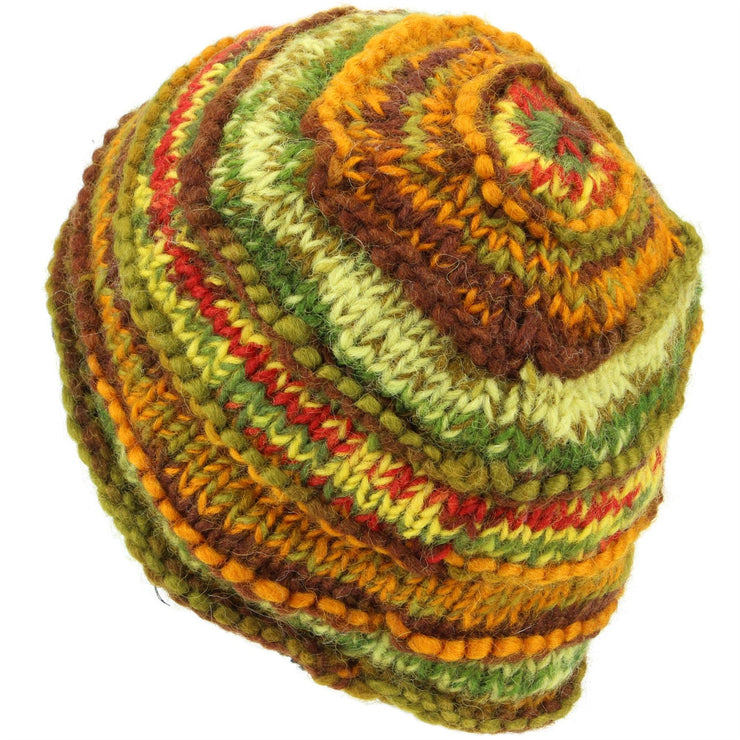 Chunky Ribbed Wool Knit Beanie Hat with Space Dye Design - Green & Brown